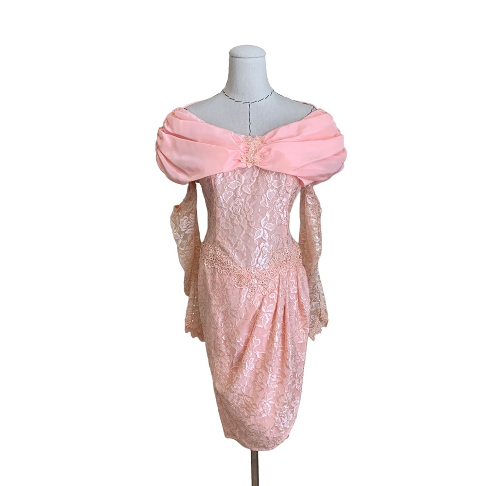 Vintage 80s Pink Lace Off Shoulder Dress Dress with Matching Gloves XS Prom